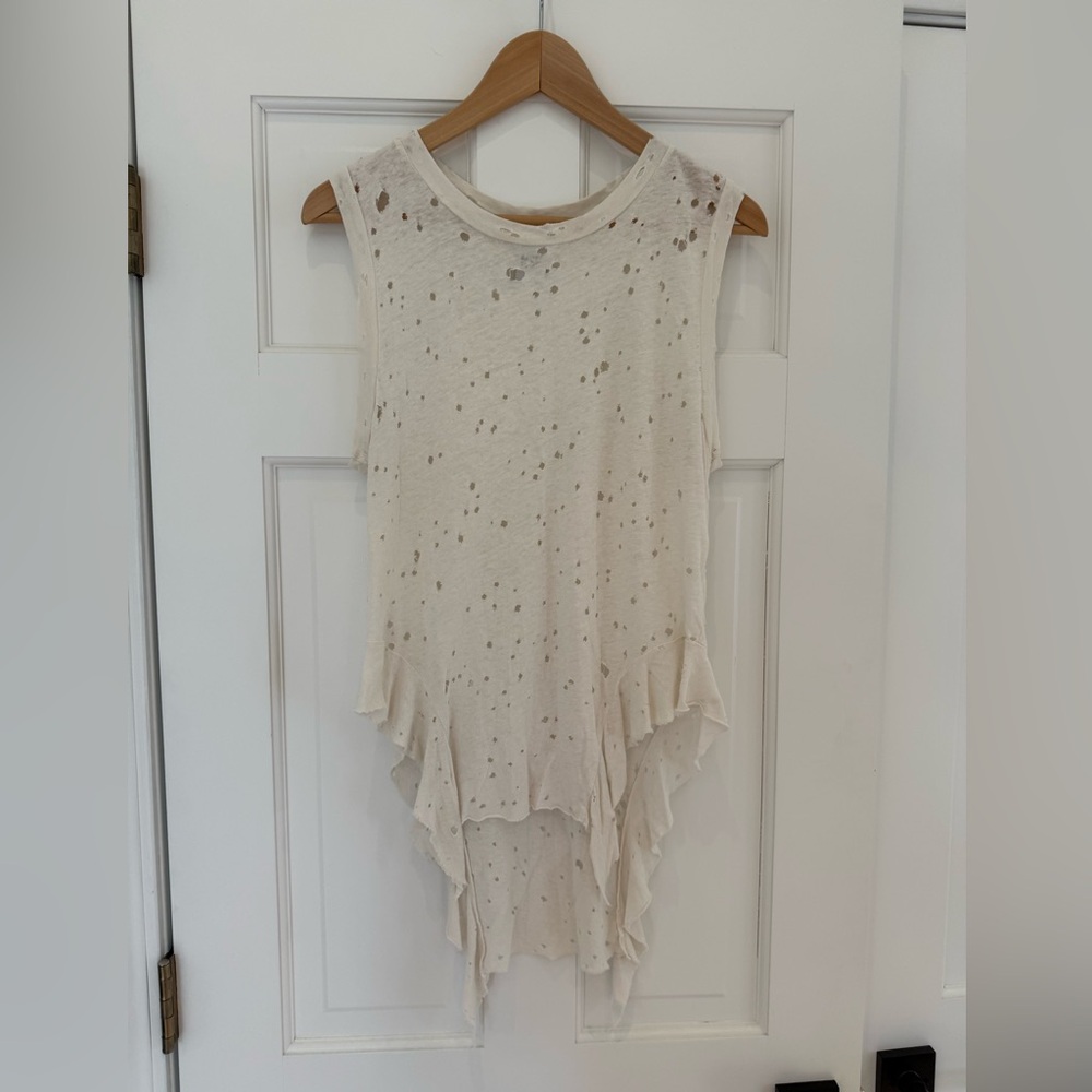 NSF White Cream Distressed Tank Top Hi-Lo Hem Ruffled Sleeveless raw Small